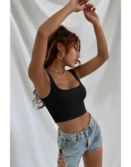 Omarı Kadın Siyah Kalın Askılı Crop Top