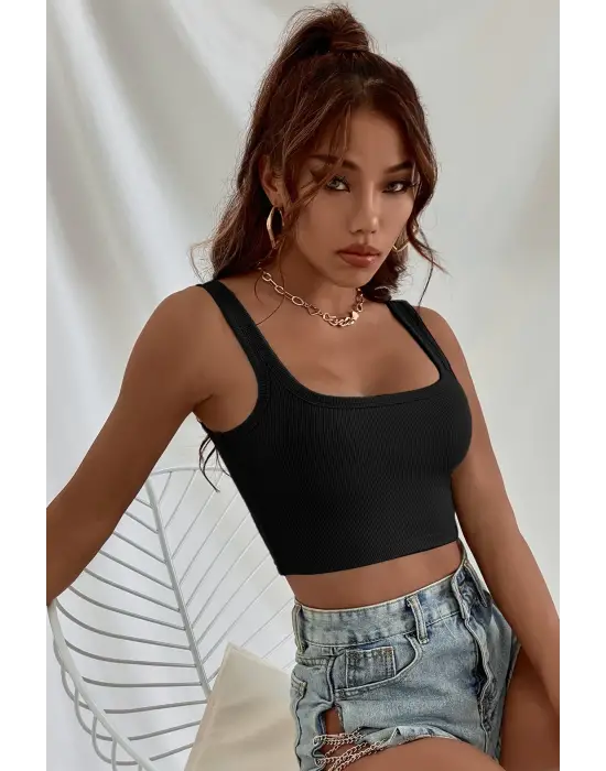 Omarı Kadın Siyah Kalın Askılı Crop Top