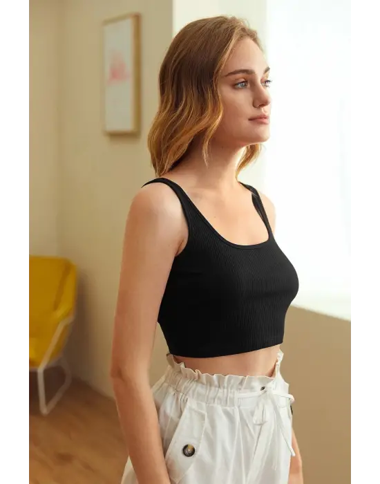 Omarı Kadın Siyah Kalın Askılı Crop Top