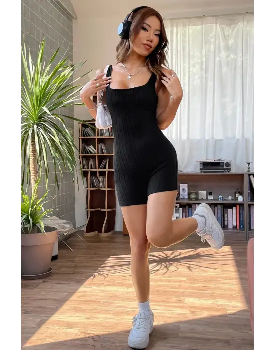 Omarı Siyah Kalın Askılı Tulum Geceliği