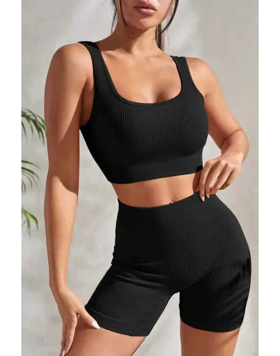 Omarı Zarif Siyah Kalın Askılı Gecelik Seti