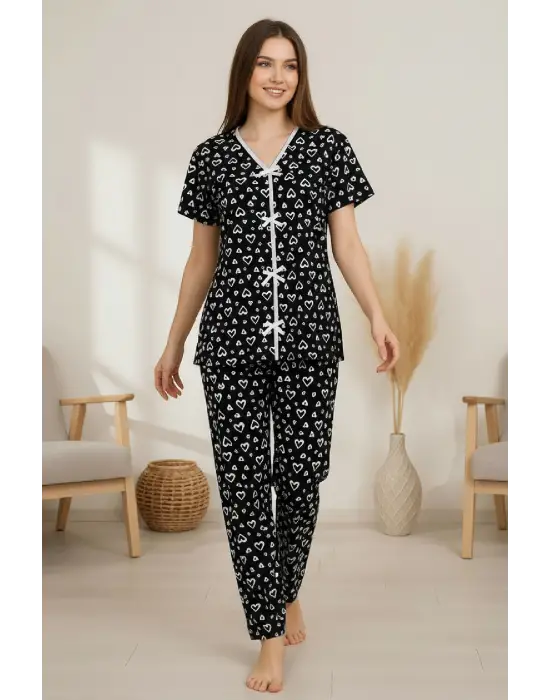 Kadın Siyah Kalp Desenli Fiyonklu Kısa Kollu Uzun Pijama Takımı