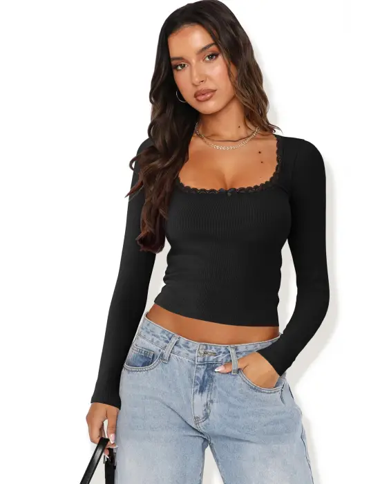 Omarı Siyah Dantelli Kollu Crop Top Bluz