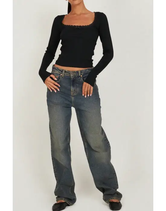 Omarı Siyah Dantelli Kollu Crop Top Bluz