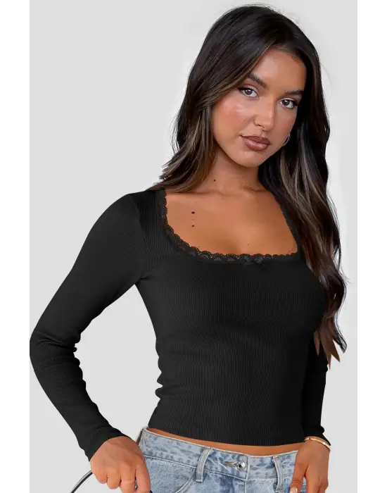 Omarı Siyah Dantelli Kollu Crop Top Bluz