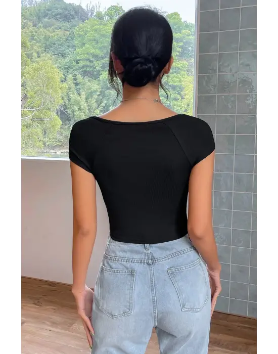 Omarı Etkileyici Siyah Yarım Kol Crop Top Bluz