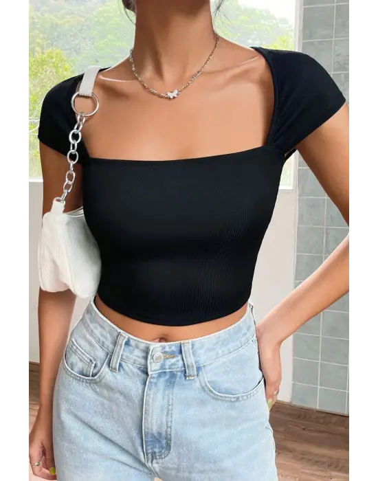 Omarı Etkileyici Siyah Yarım Kol Crop Top Bluz