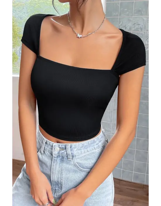 Omarı Etkileyici Siyah Yarım Kol Crop Top Bluz