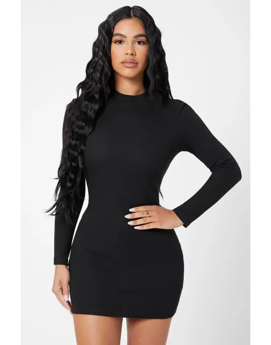 Omarı Siyah Balıkçı Yaka Uzun Kollu Mini Elbise