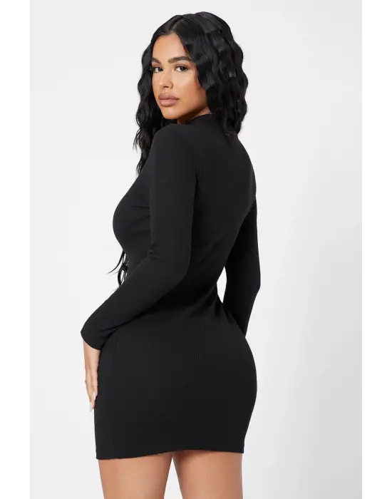 Omarı Siyah Balıkçı Yaka Uzun Kollu Mini Elbise
