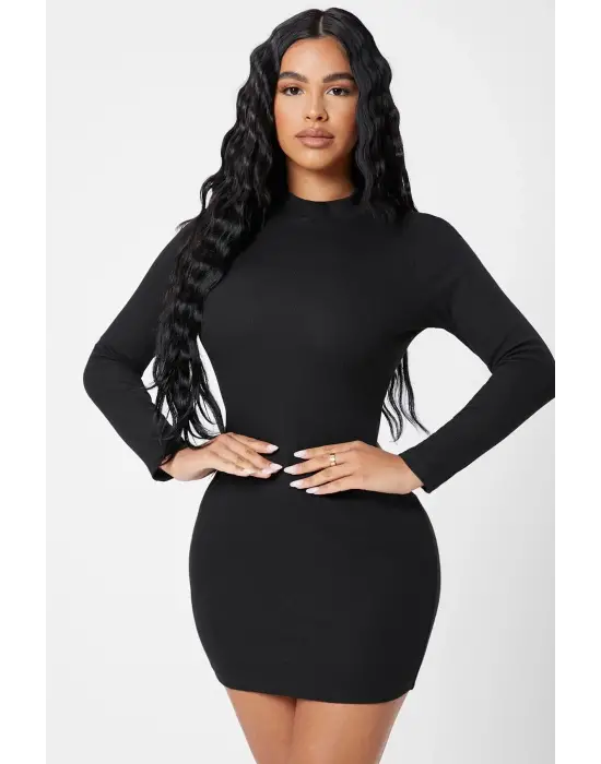 Omarı Siyah Balıkçı Yaka Uzun Kollu Mini Elbise