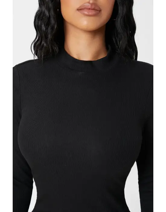 Omarı Siyah Balıkçı Yaka Uzun Kollu Mini Elbise