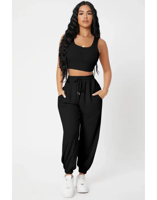 Kadın Siyah Kaşkorse Cepli Jogger Eşofman Altı ve Crop Top Bluz