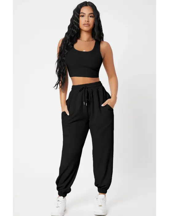 Kadın Siyah Kaşkorse Cepli Jogger Eşofman Altı ve Crop Top Bluz