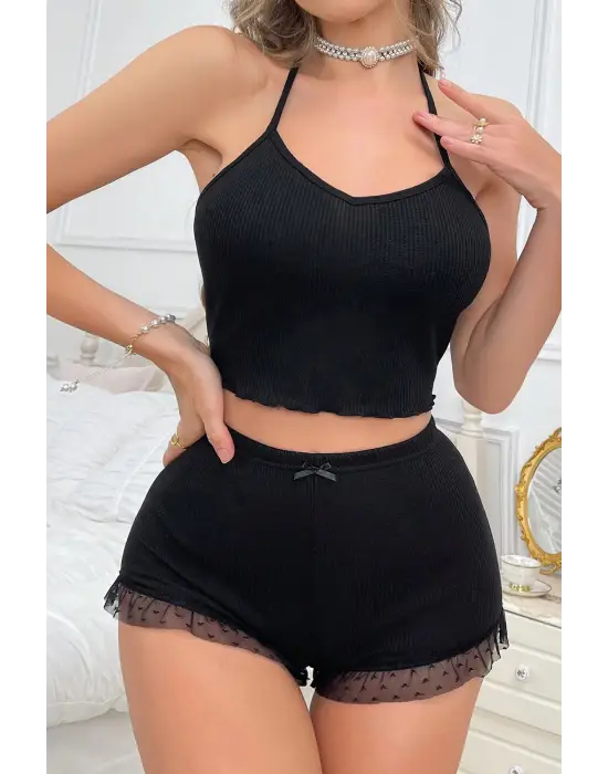 Omarı Kadın Siyah Puantiyeli Kaşkorse Gecelik Takım