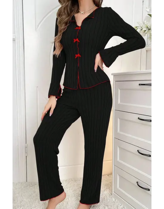 Kadın Siyah Kırmızı Biyeli ve Fiyonklu Uzun Kollu Mevsimlik Pijama Takımı