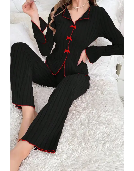 Kadın Siyah Kırmızı Biyeli ve Fiyonklu Uzun Kollu Mevsimlik Pijama Takımı