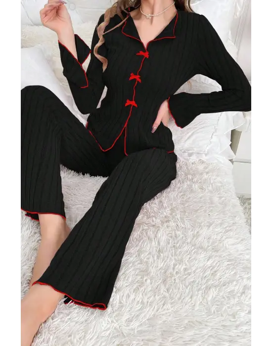 Kadın Siyah Kırmızı Biyeli ve Fiyonklu Uzun Kollu Mevsimlik Pijama Takımı