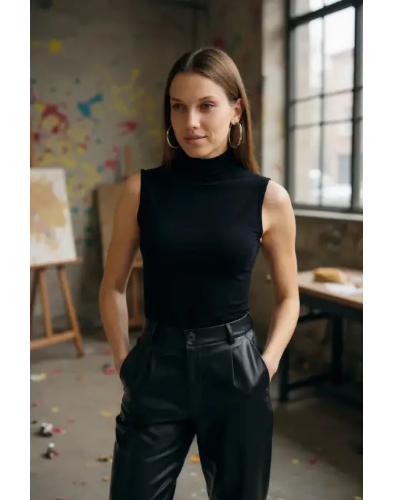 Kadın Siyah Kolsuz Balıkçı Yaka Basic Bluz