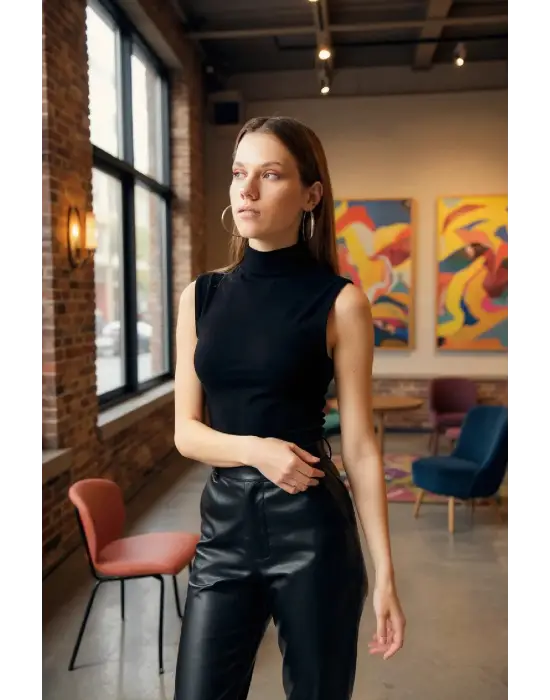 Kadın Siyah Kolsuz Balıkçı Yaka Basic Bluz