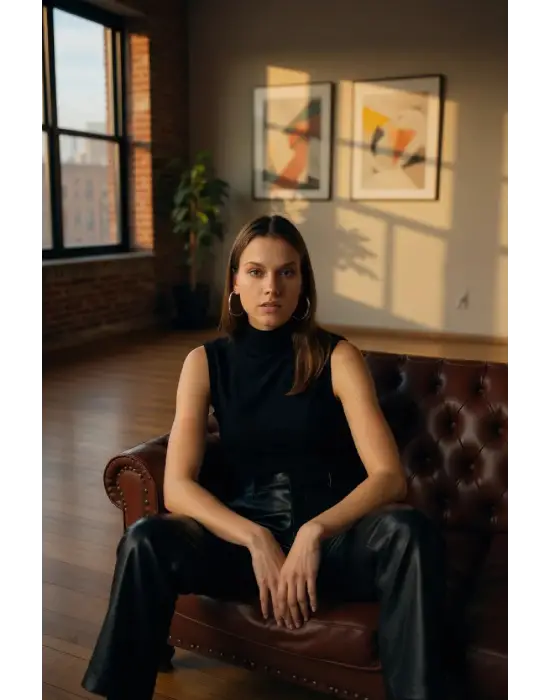 Kadın Siyah Kolsuz Balıkçı Yaka Basic Bluz