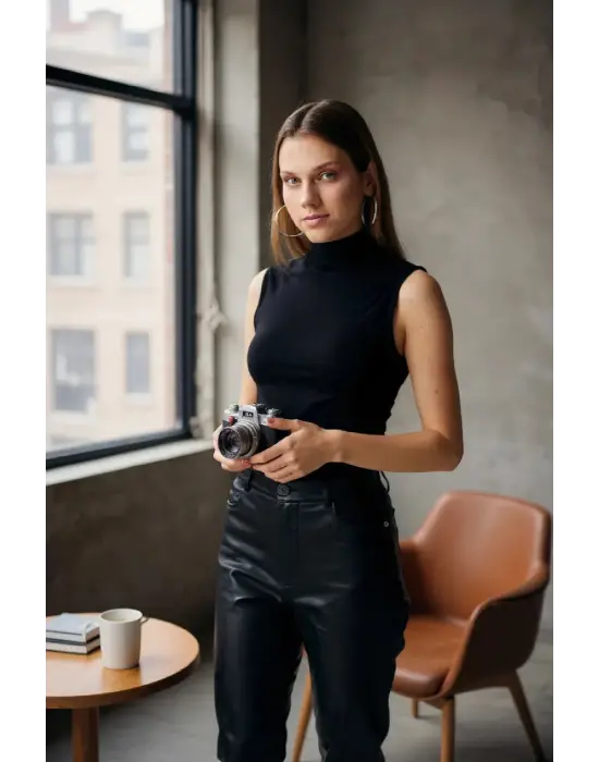 Kadın Siyah Kolsuz Balıkçı Yaka Basic Bluz