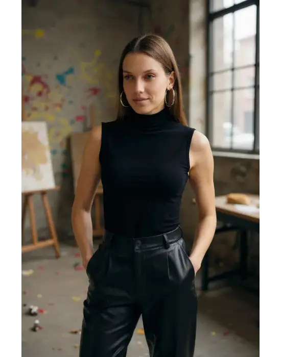 Kadın Siyah Kolsuz Balıkçı Yaka Basic Bluz