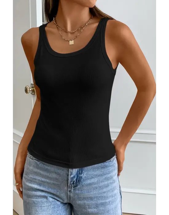 Omarı Siyah Kalın Askılı Uzun Crop Top Bluz