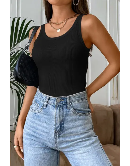 Omarı Siyah Kalın Askılı Uzun Crop Top Bluz