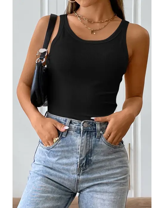 Omarı Siyah Kalın Askılı Uzun Crop Top Bluz