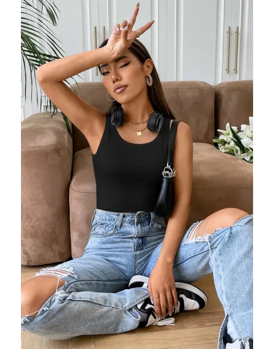 Omarı Siyah Kalın Askılı Uzun Crop Top Bluz