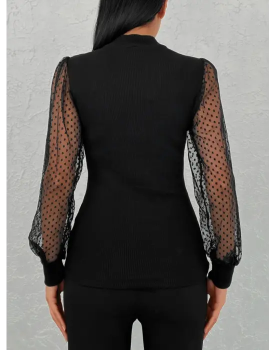 Kadın Siyah Kolu Tül Detaylı Yarım Balıkçı Kaşkorse Bluz 6160