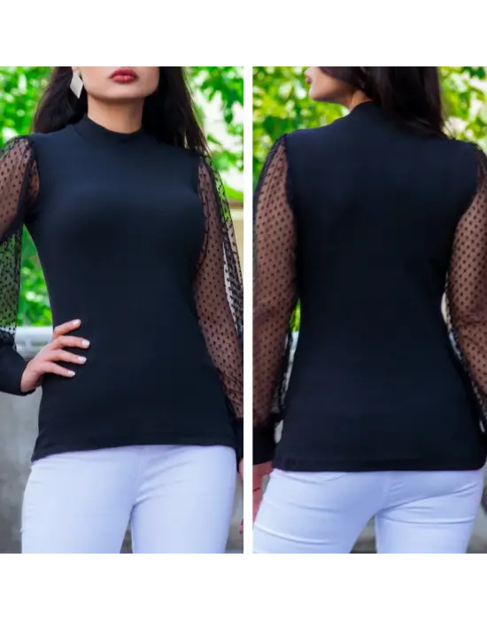 Omarı Siyah Tül Detaylı Kadın Yarım Balıkçı Kaşkorse Bluz