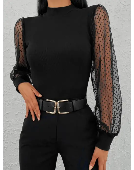 Omarı Siyah Tül Detaylı Kadın Yarım Balıkçı Kaşkorse Bluz