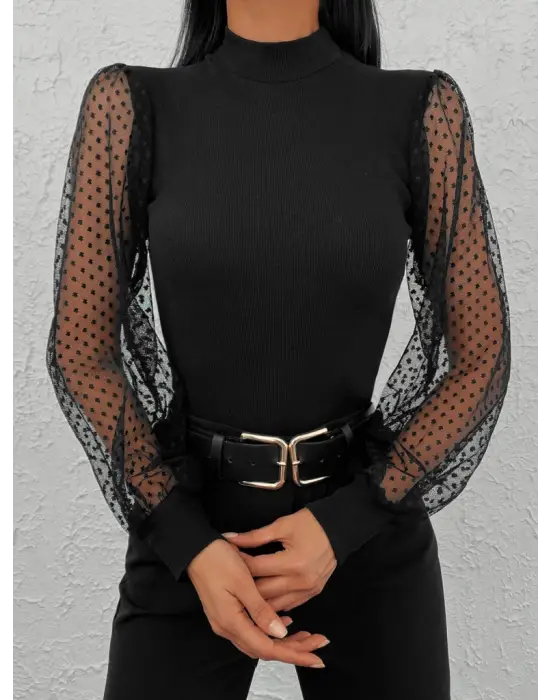 Omarı Siyah Tül Detaylı Kadın Yarım Balıkçı Kaşkorse Bluz