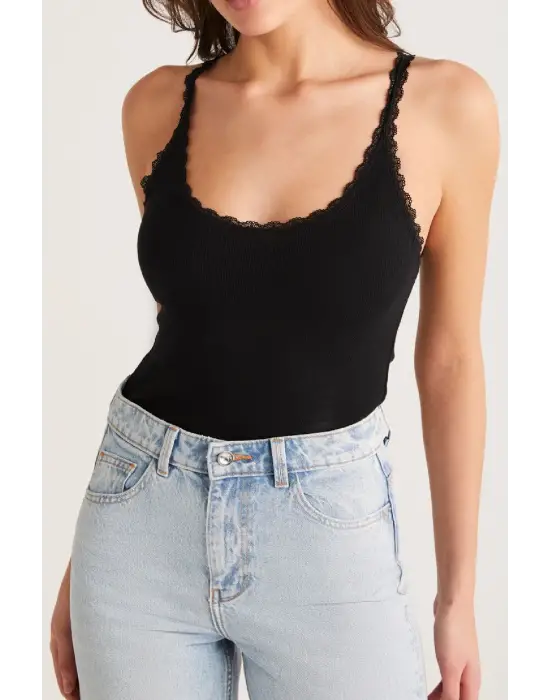 Kadın Siyah Normal Kalıp Dantel Detalı Ince Askılı Oyuk Yaka Atlet