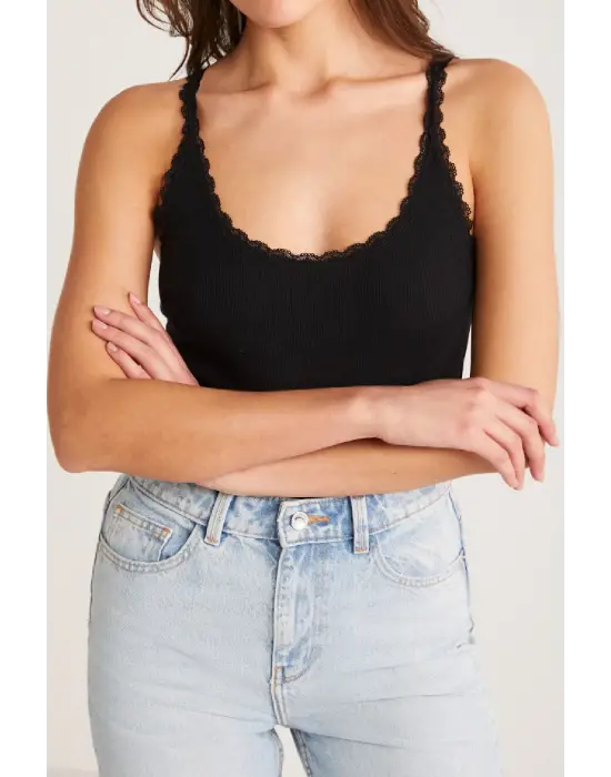 Kadın Siyah Normal Kalıp Dantel Detalı Ince Askılı Oyuk Yaka Atlet