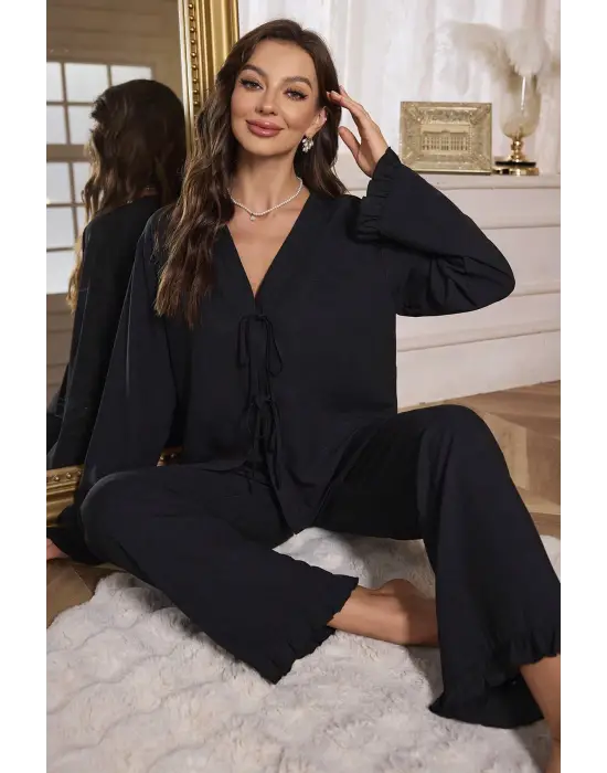 Kadın Siyah Önden Bağlamalı Kolu ve Paçası Fırfır Detaylı Uzun Kollu Pijama Takımı