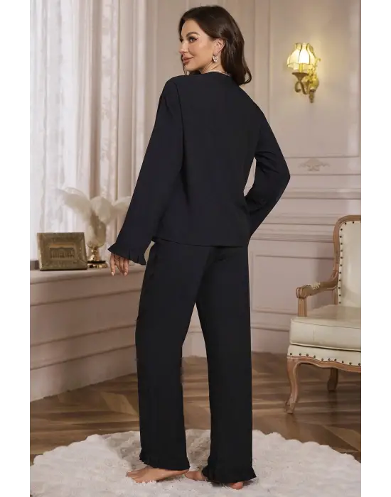 Kadın Siyah Önden Bağlamalı Kolu ve Paçası Fırfır Detaylı Uzun Kollu Pijama Takımı