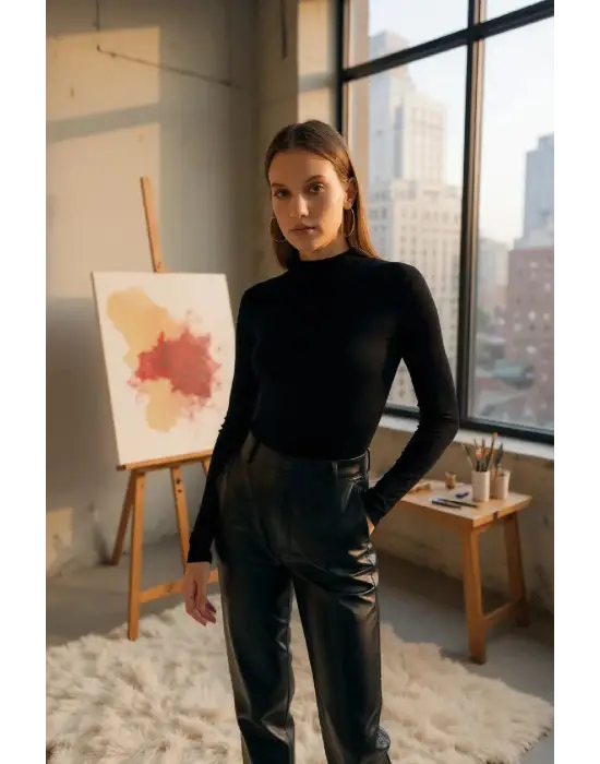 Kadın Siyah Parmak Detaylı Esnek Uzun Kollu Body