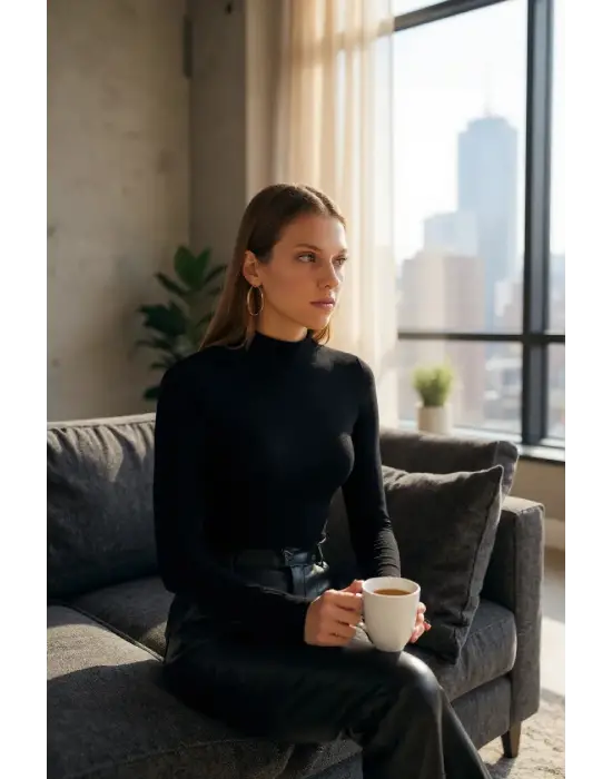 Kadın Siyah Parmak Detaylı Esnek Uzun Kollu Body