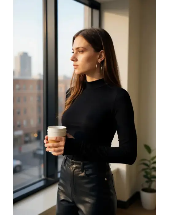 Kadın Siyah Parmak Detaylı Esnek Uzun Kollu Body