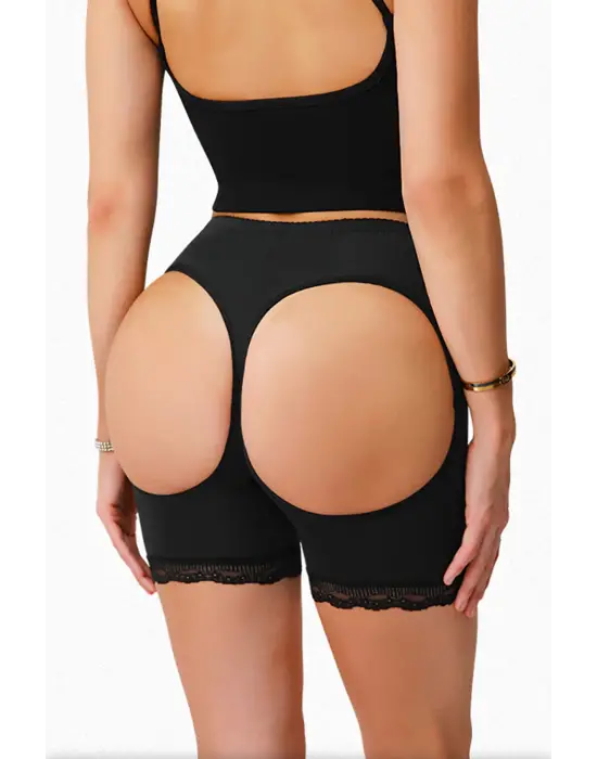 Omarı Siyah Pop Up Kalça Kaldırıcı Dantel Paçalı Şort Külot
