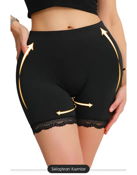 Omarı Siyah Pop Up Kalça Kaldırıcı Dantel Paçalı Şort Külot