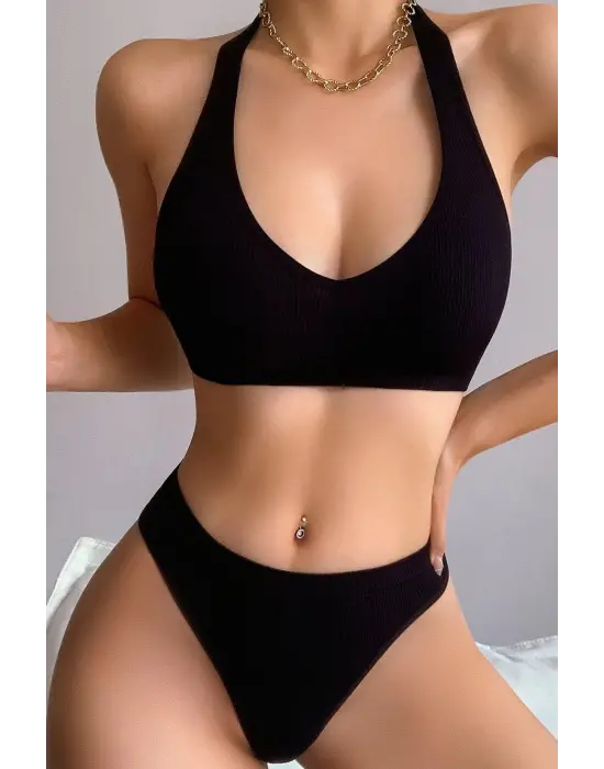 Omarı Siyah Seamless Tanga Sütyen Seti