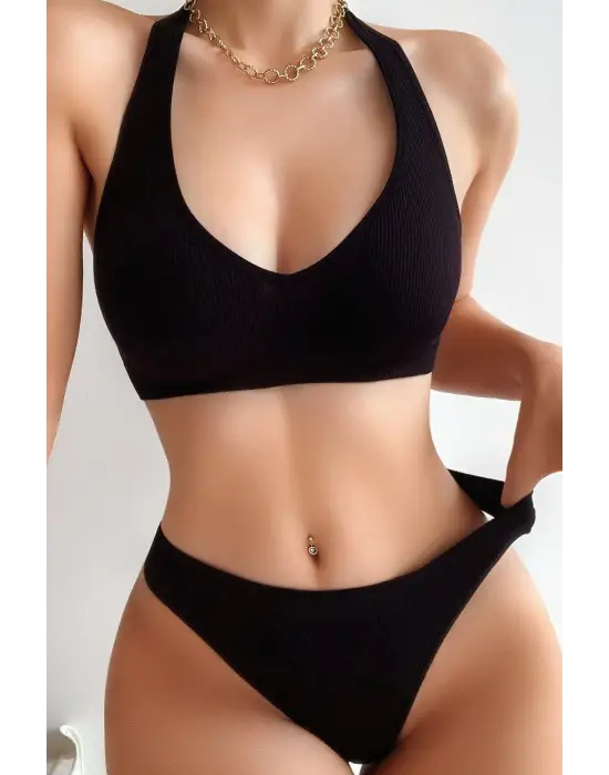 Omarı Siyah Seamless Tanga Sütyen Seti