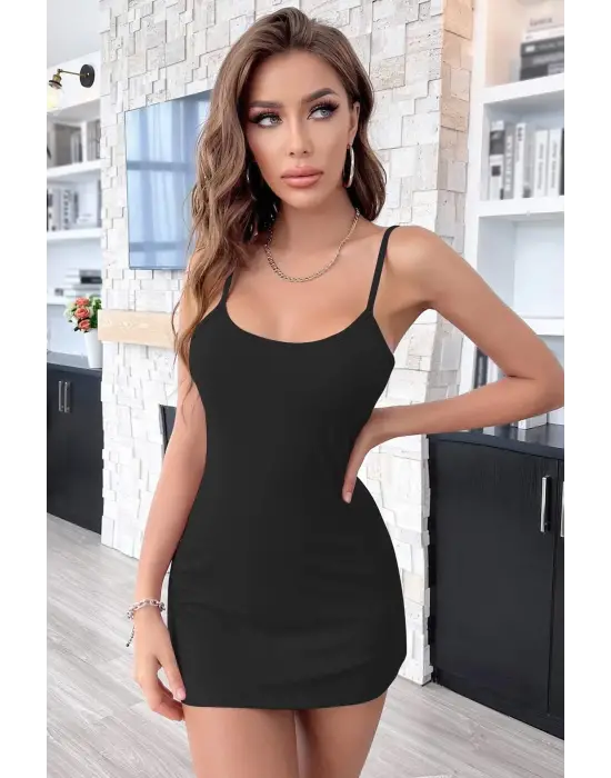 Omarı Sırtı Dantelli Mini Siyah Gecelik