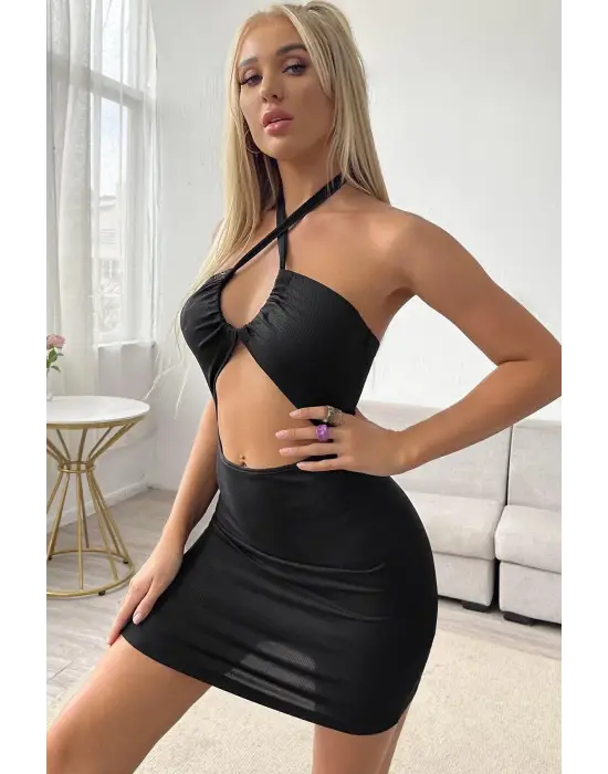 Omarı Siyah Dekolteli Boyundan Bağlamalı Kadın Gecelik