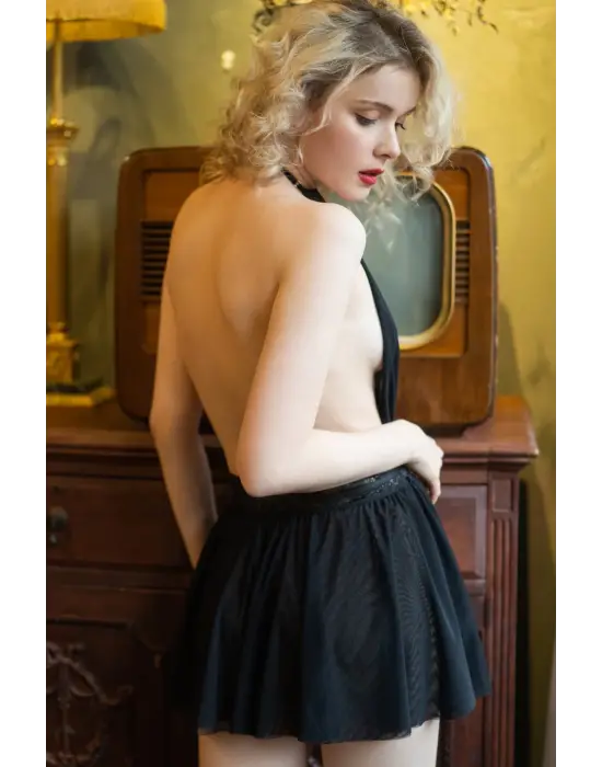 Omarı Şık Dantelli Siyah Sırtı Açık Gecelik Seti