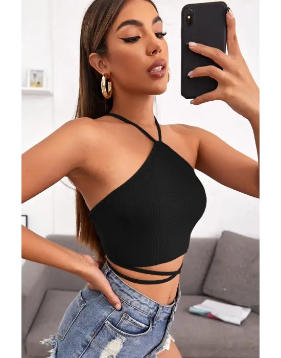 Omarı Siyah Çapraz Bağlamalı Crop Top Bluz